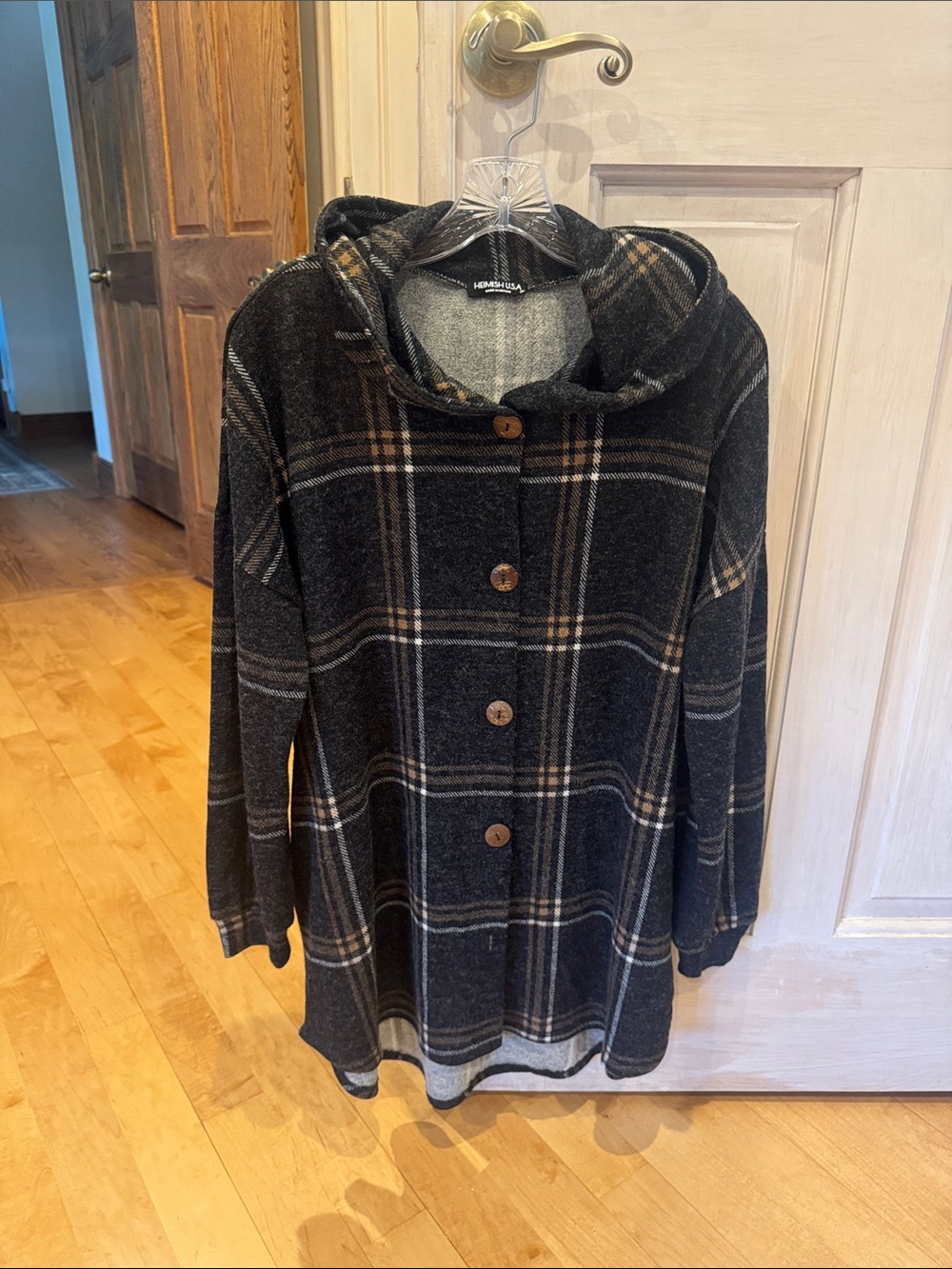 HEIMISH USA Black Plaid Hooded Cardigan with Tan Stripes